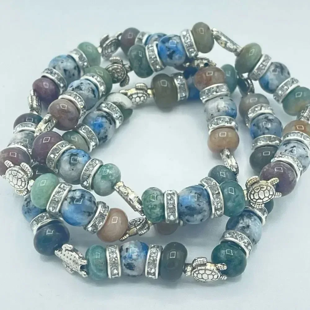 Sea Turtle India agate K2 beaded stretch bracelet ONE NEW crystal reiki yoga med